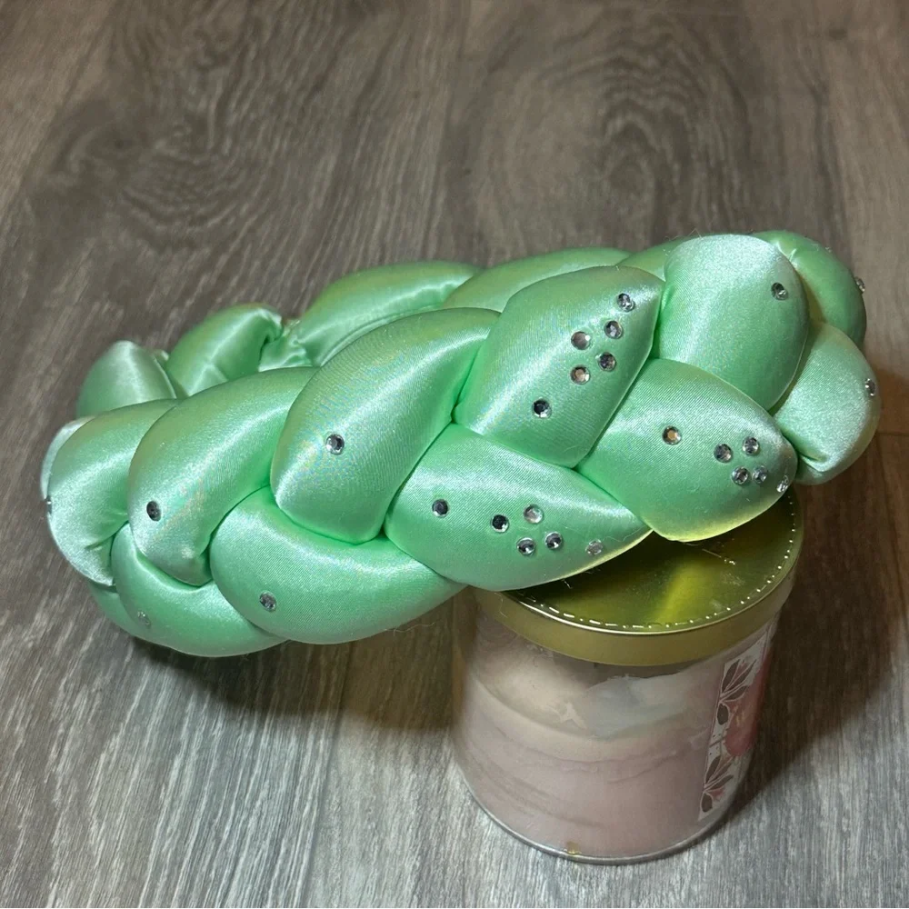 Green Satin Braid Headband With Rhinestones - One Size